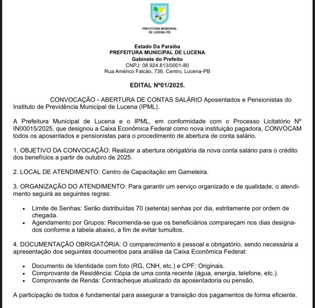 Prefeitura De Lucena Convoca Aposentados E Pensionistas Para Abertura De Conta Salário